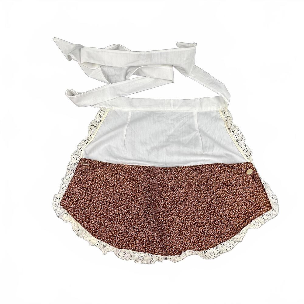 Vintage Cottagecore Farmhouse Prairie Half Apron Brown Floral Lace & Tie Waist